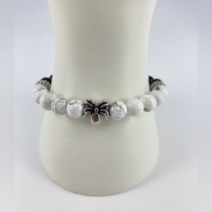 New Howlite & Onyx Spider Stretch Bracelet, Handmade,  7", 7.5", 8" Long, Unisex